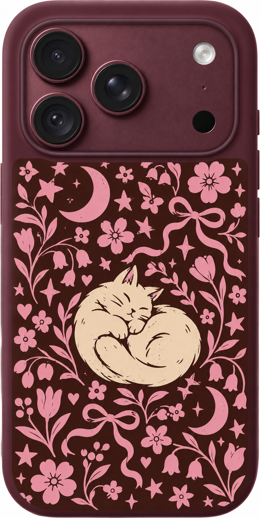 Sleepy Cat Keepsakes iPhone case design preview in Burgundy. Model-specific fit and camera openings vary.