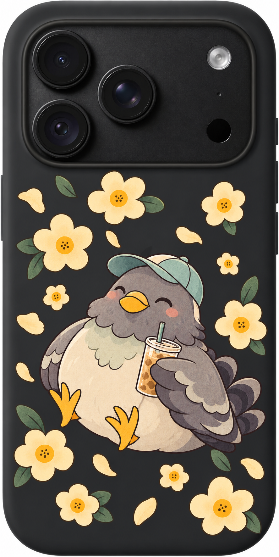 Pigeon Picnic Club iPhone case design preview in Black. Model-specific fit and camera openings vary.