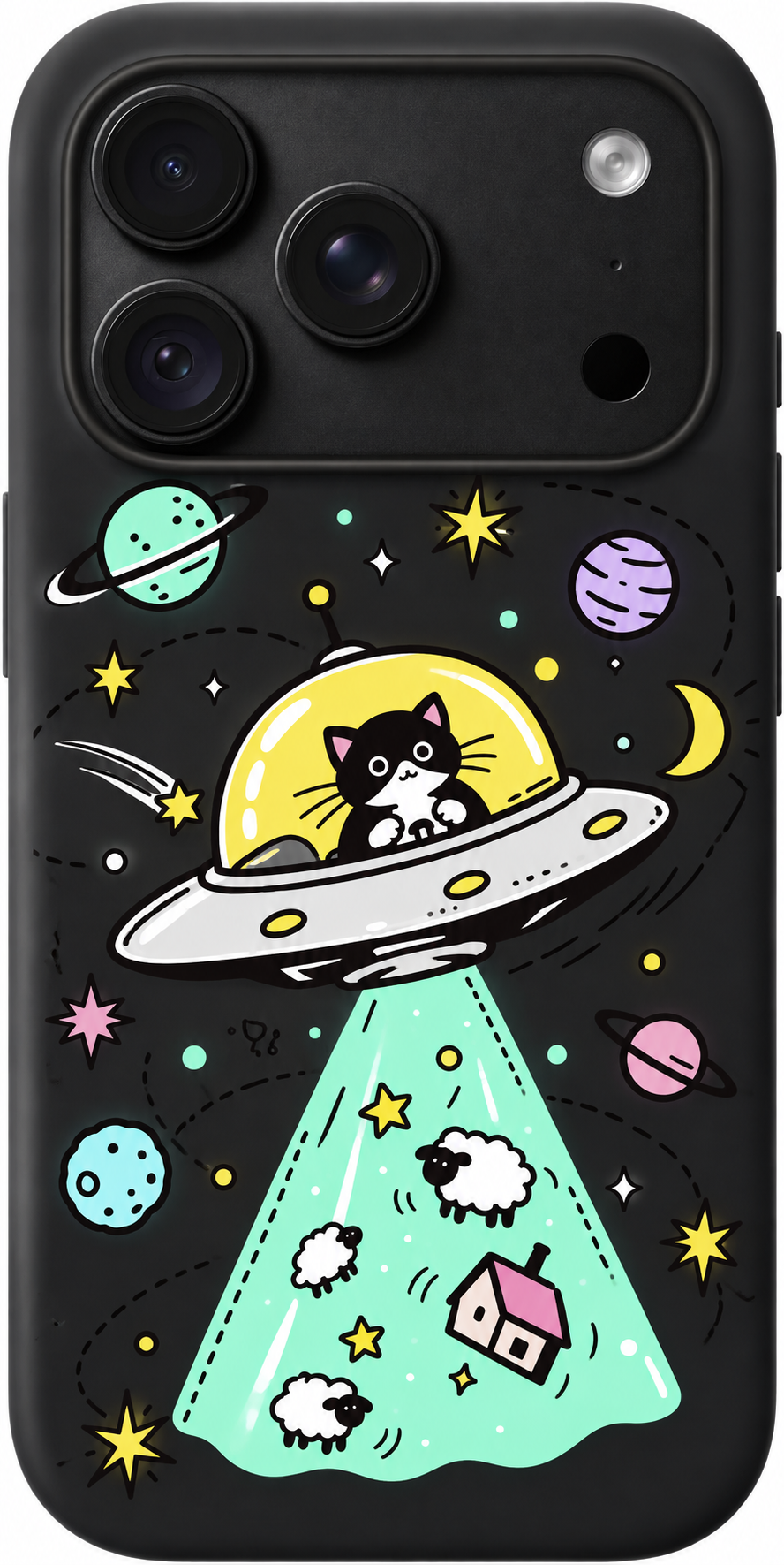 Kitty Space Excursion iPhone case design preview in Black. Model-specific fit and camera openings vary.