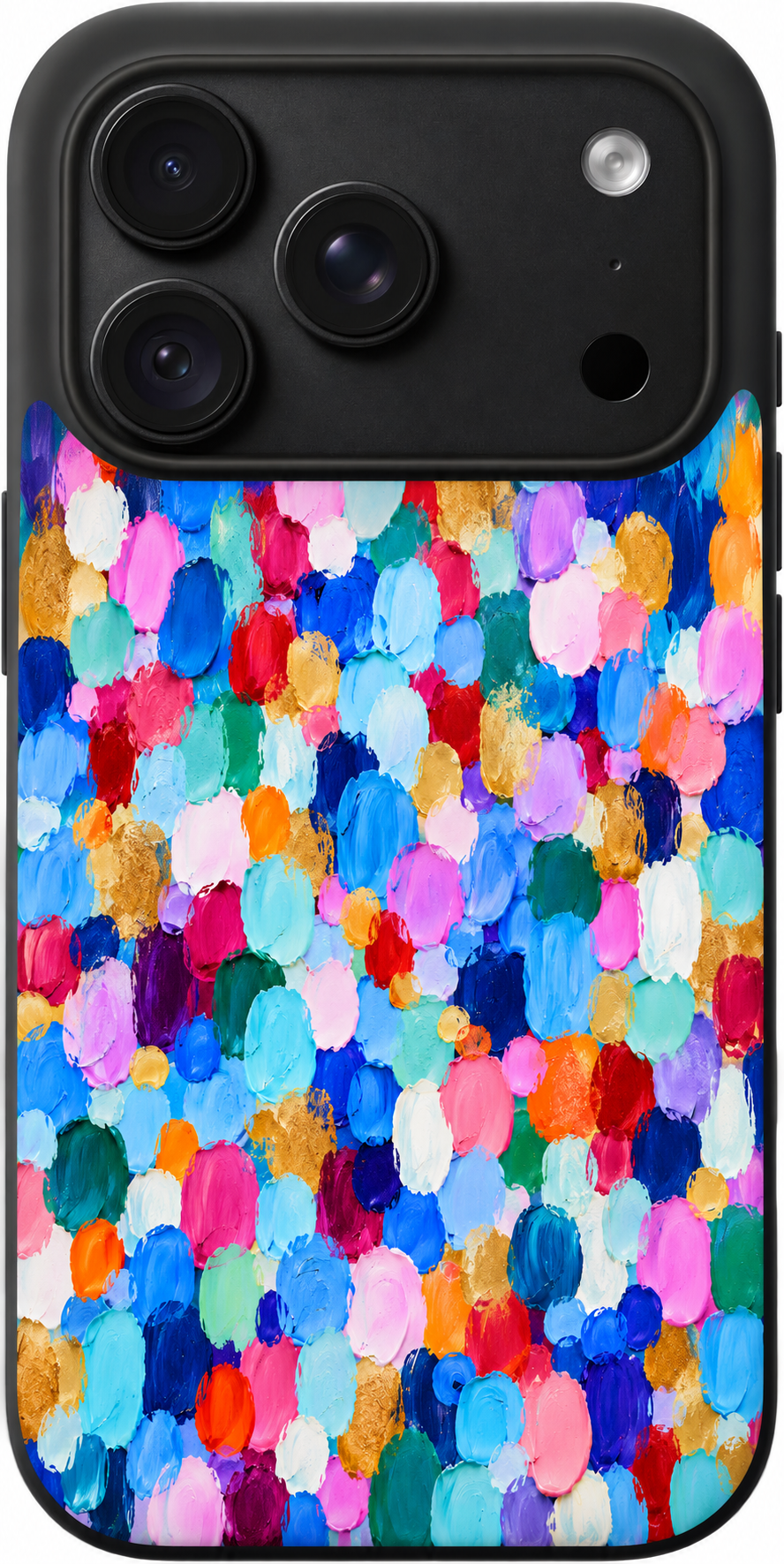 Rainbow Palette Confetti iPhone case design preview in Black. Model-specific fit and camera openings vary.