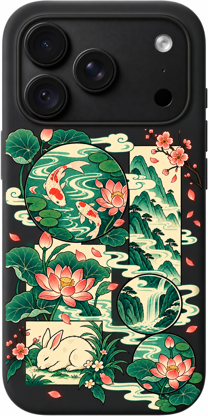 Garden Patchwork Tales iPhone case design preview in Black. Model-specific fit and camera openings vary.