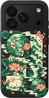 Garden Patchwork Tales iPhone case design preview in Black. Model-specific fit and camera openings vary.