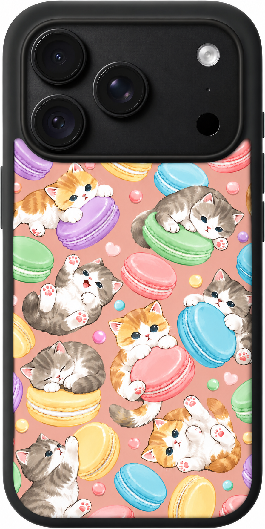 Macaron Cat Cafe iPhone case design preview in Black. Model-specific fit and camera openings vary.