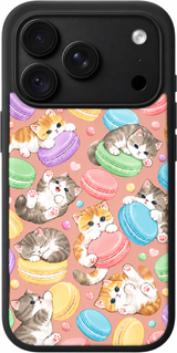 Macaron Cat Cafe iPhone case design preview in Black. Model-specific fit and camera openings vary.