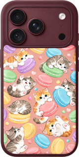 Macaron Cat Cafe iPhone case design preview in Burgundy. Model-specific fit and camera openings vary.