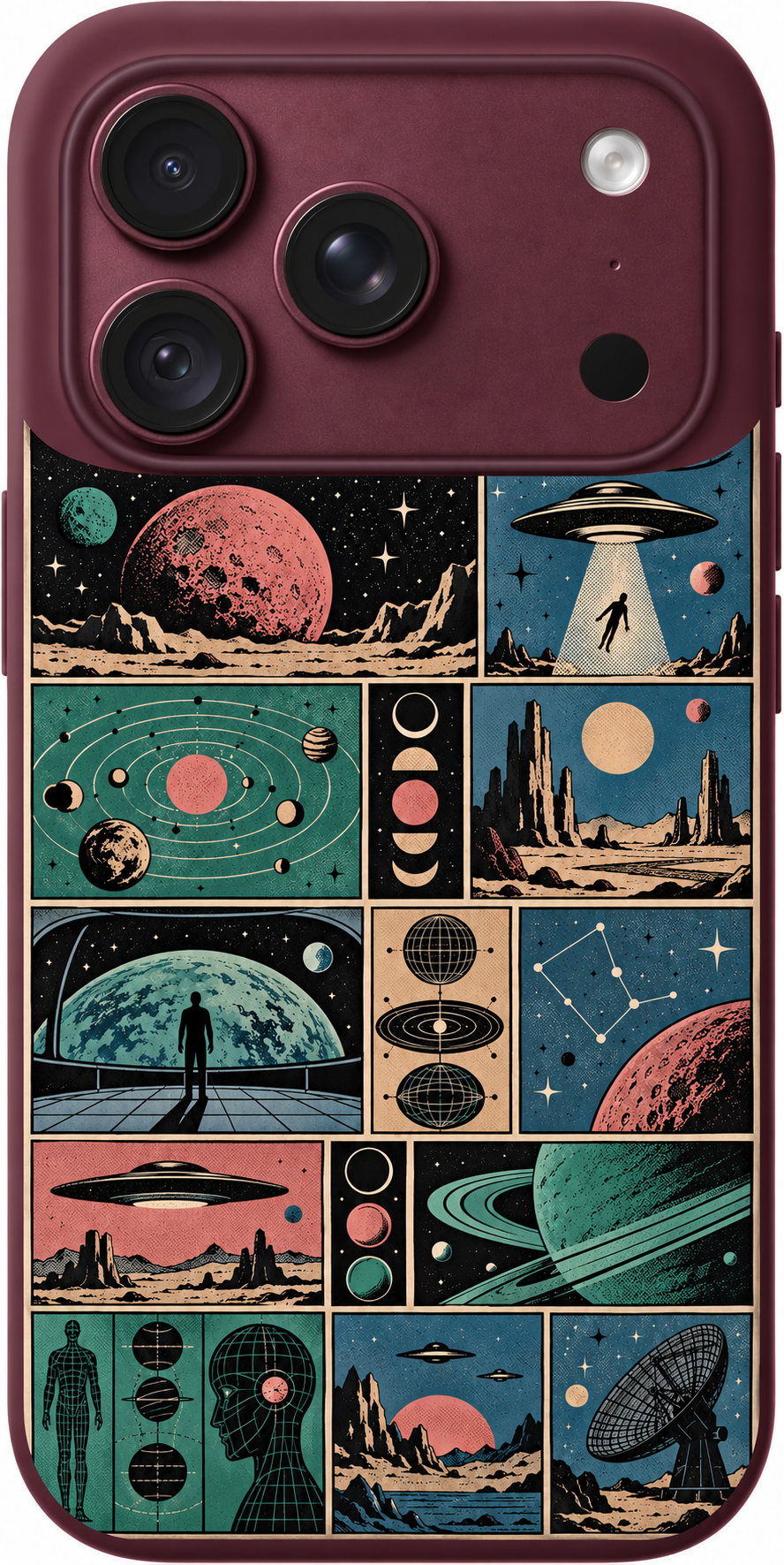 Cosmic Field Notes iPhone case design preview in Burgundy. Model-specific fit and camera openings vary.