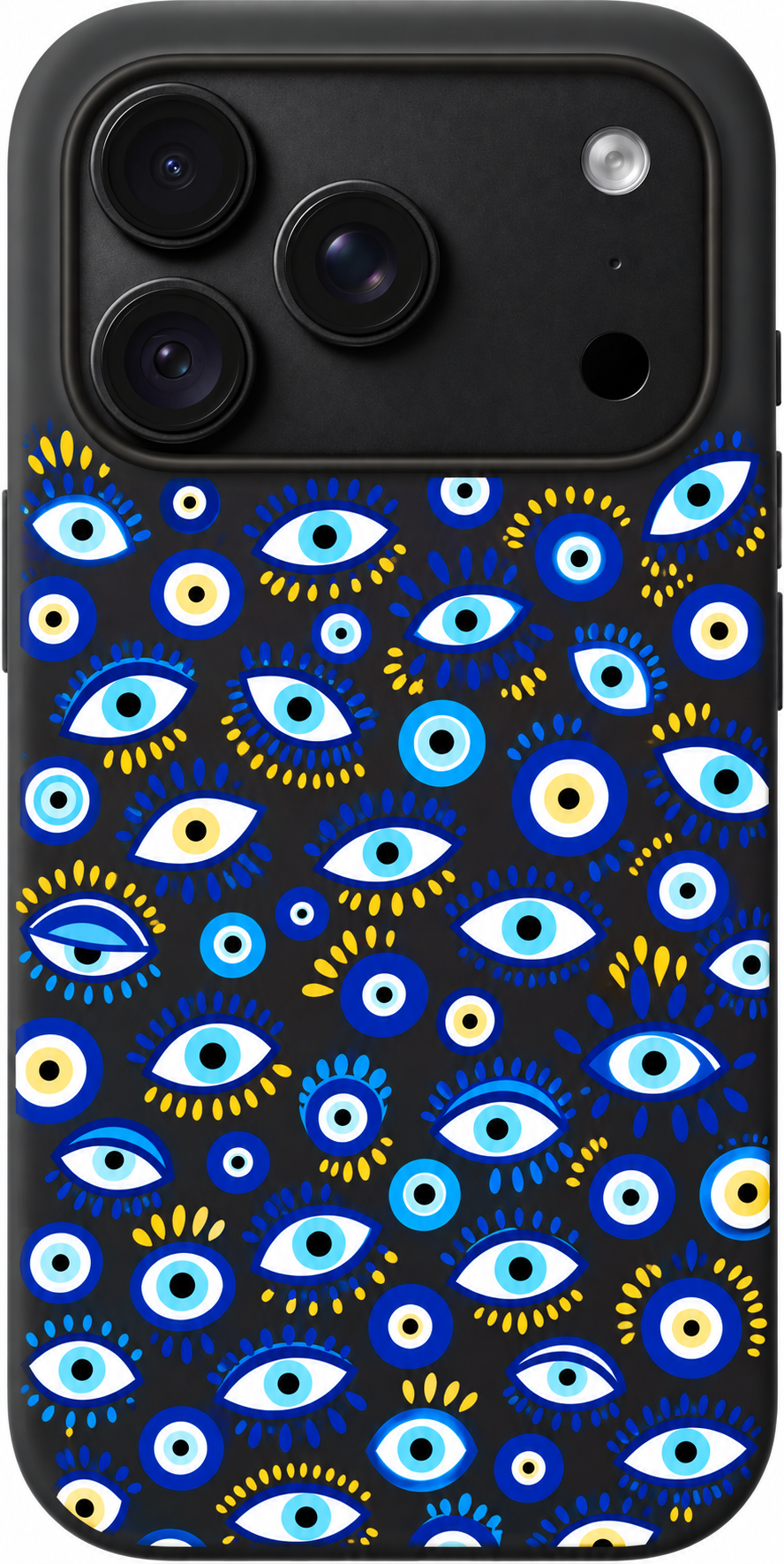 Blue Eye Mosaic iPhone case design preview in Black. Model-specific fit and camera openings vary.