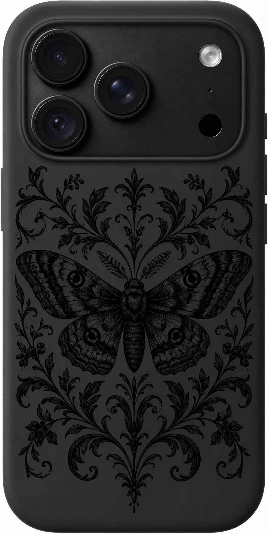 Midnight Moth Filigree iPhone case design preview in Black. Model-specific fit and camera openings vary.