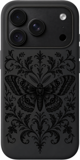 Midnight Moth Filigree iPhone case design preview in Black. Model-specific fit and camera openings vary.