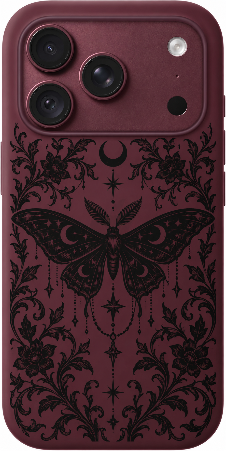 Midnight Moth Filigree iPhone case design preview in Burgundy. Model-specific fit and camera openings vary.