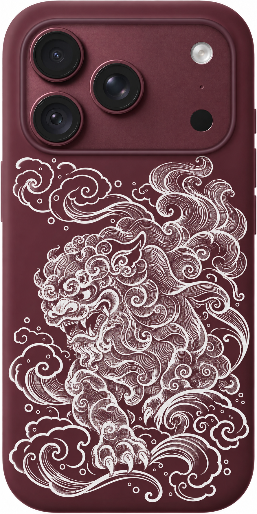 Guardian Lion Cloudsong iPhone case design preview in Burgundy. Model-specific fit and camera openings vary.