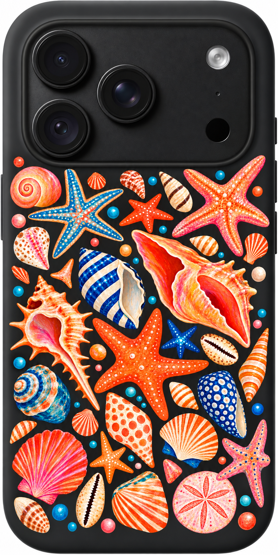 Seashell Carnival iPhone case design preview in Black. Model-specific fit and camera openings vary.