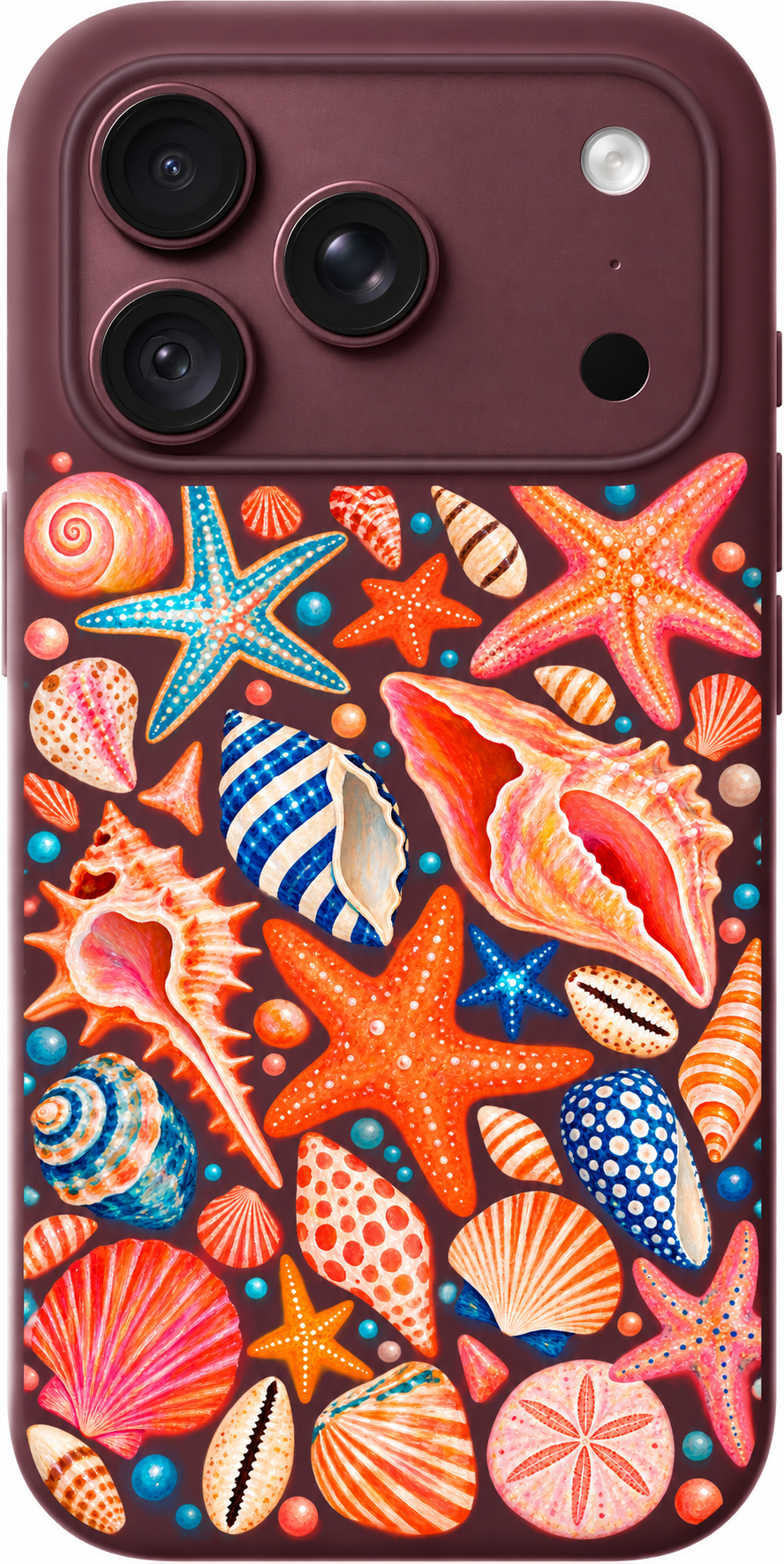 Seashell Carnival iPhone case design preview in Burgundy. Model-specific fit and camera openings vary.