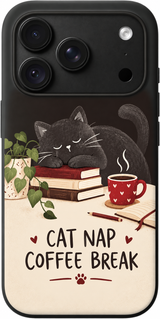 Cats Coffee Repeat iPhone case design preview in Black. Model-specific fit and camera openings vary.
