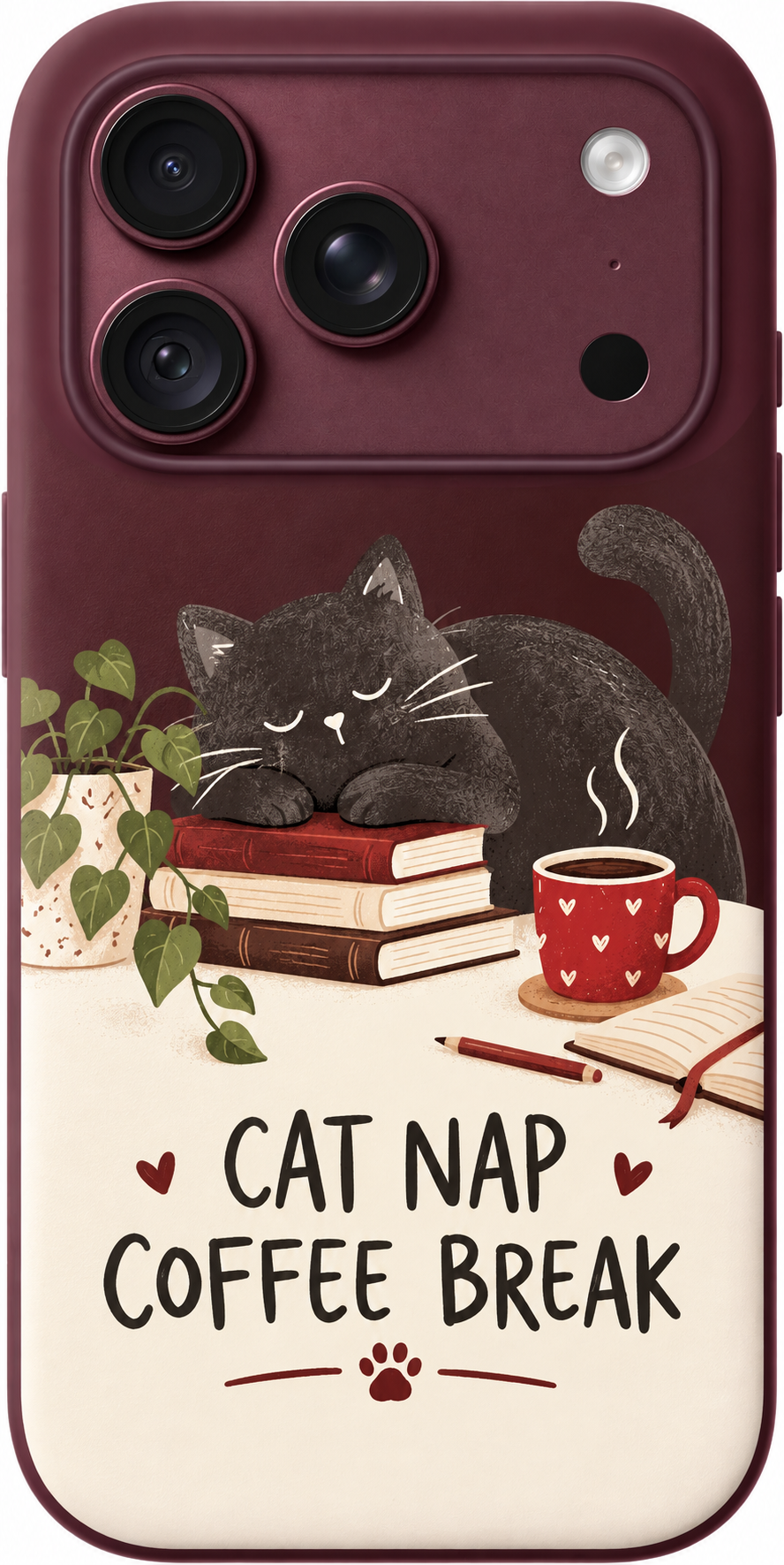 Cats Coffee Repeat iPhone case design preview in Burgundy. Model-specific fit and camera openings vary.