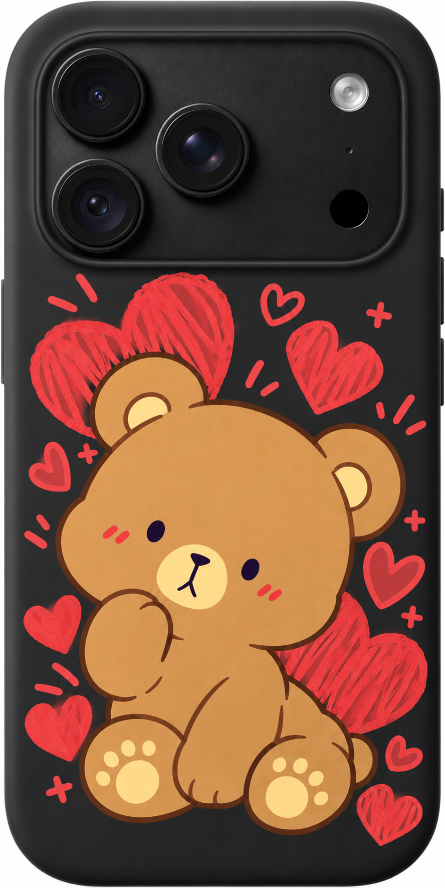 Caramel Heart Cub iPhone case design preview in Black. Model-specific fit and camera openings vary.