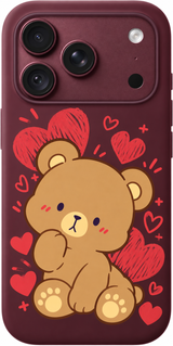 Caramel Heart Cub iPhone case design preview in Burgundy. Model-specific fit and camera openings vary.