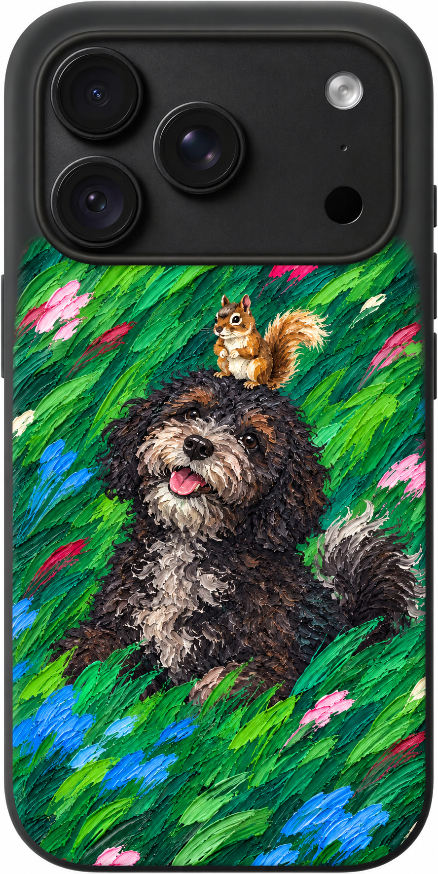 Meadow Pup Brushstrokes iPhone case design preview in Black. Model-specific fit and camera openings vary.