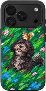Meadow Pup Brushstrokes iPhone case design preview in Black. Model-specific fit and camera openings vary.