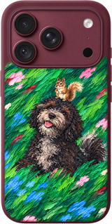 Meadow Pup Brushstrokes iPhone case design preview in Burgundy. Model-specific fit and camera openings vary.