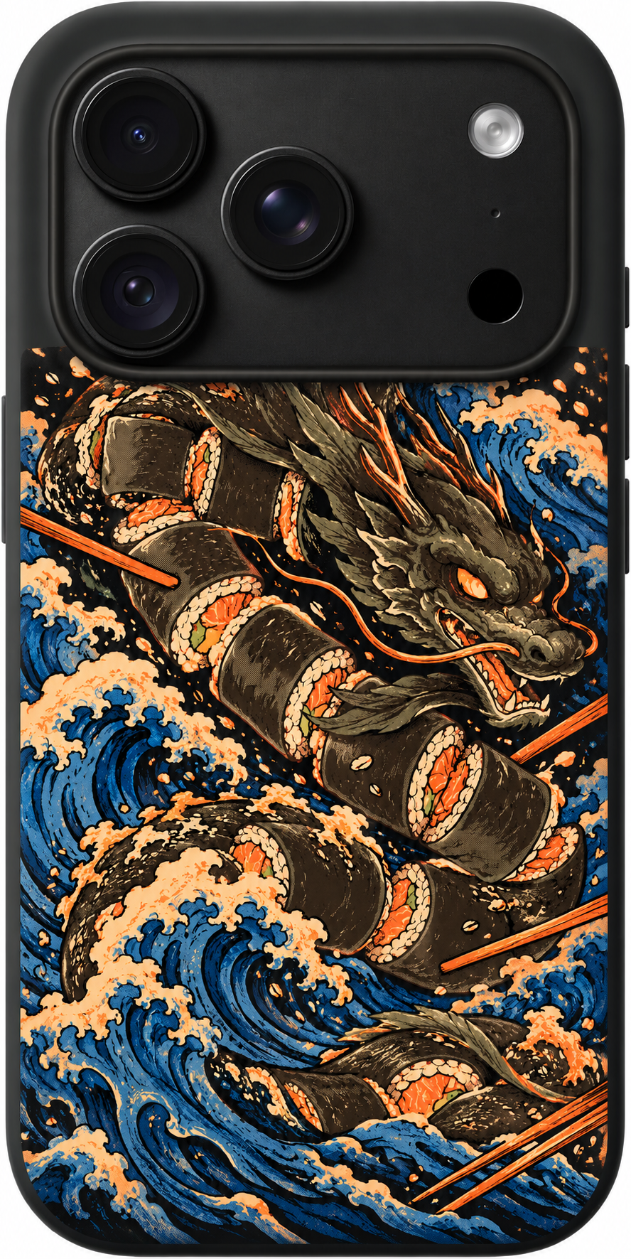 Sushi Dragon Tide iPhone case design preview in Black. Model-specific fit and camera openings vary.