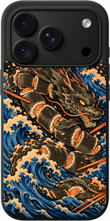 Sushi Dragon Tide iPhone case design preview in Black. Model-specific fit and camera openings vary.