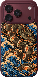 Sushi Dragon Tide iPhone case design preview in Burgundy. Model-specific fit and camera openings vary.