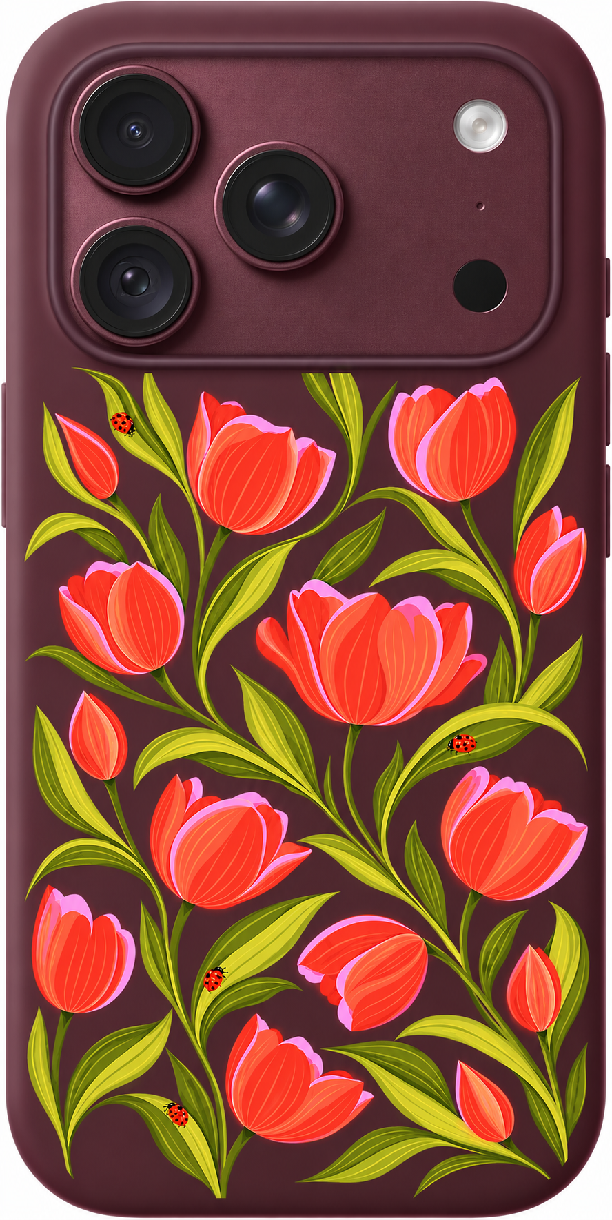 Tulip Coral Waltz iPhone case design preview in Burgundy. Model-specific fit and camera openings vary.