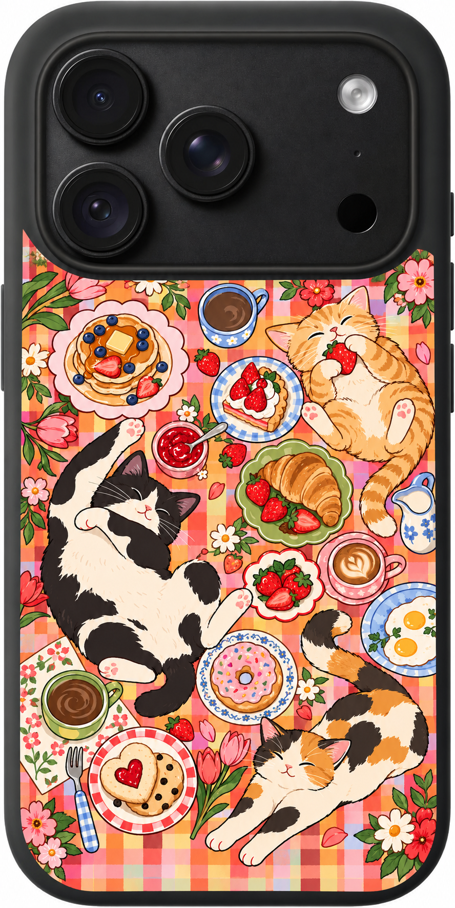 Breakfast Cat Picnic iPhone case design preview in Black. Model-specific fit and camera openings vary.