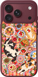 Breakfast Cat Picnic iPhone case design preview in Burgundy. Model-specific fit and camera openings vary.