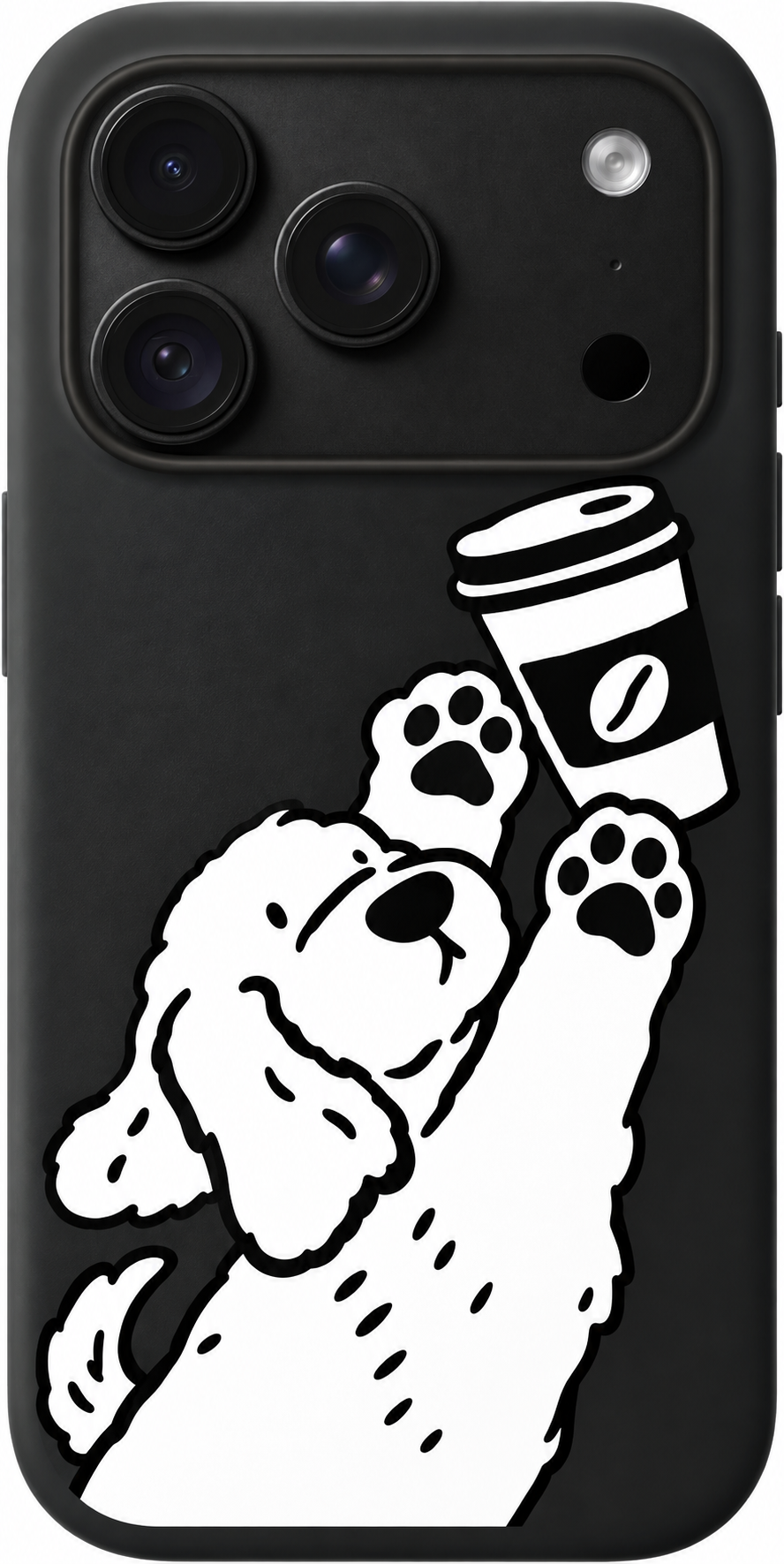 Coffee Pup Stretch iPhone case design preview in Black. Model-specific fit and camera openings vary.
