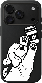Coffee Pup Stretch iPhone case design preview in Black. Model-specific fit and camera openings vary.