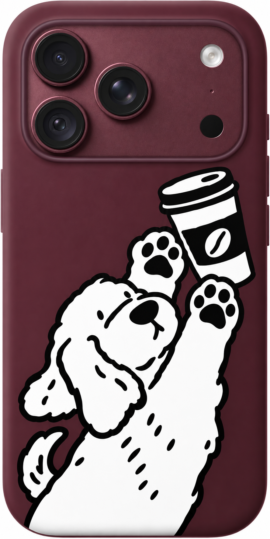 Coffee Pup Stretch iPhone case design preview in Burgundy. Model-specific fit and camera openings vary.