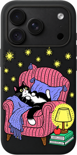 Armchair Cat Daydream iPhone case design preview in Black. Model-specific fit and camera openings vary.