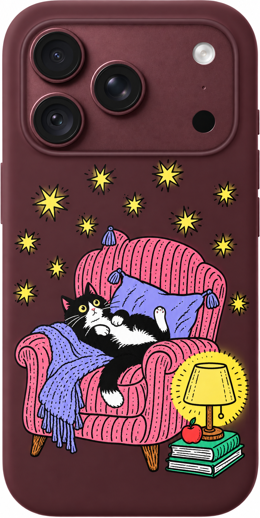 Armchair Cat Daydream iPhone case design preview in Burgundy. Model-specific fit and camera openings vary.