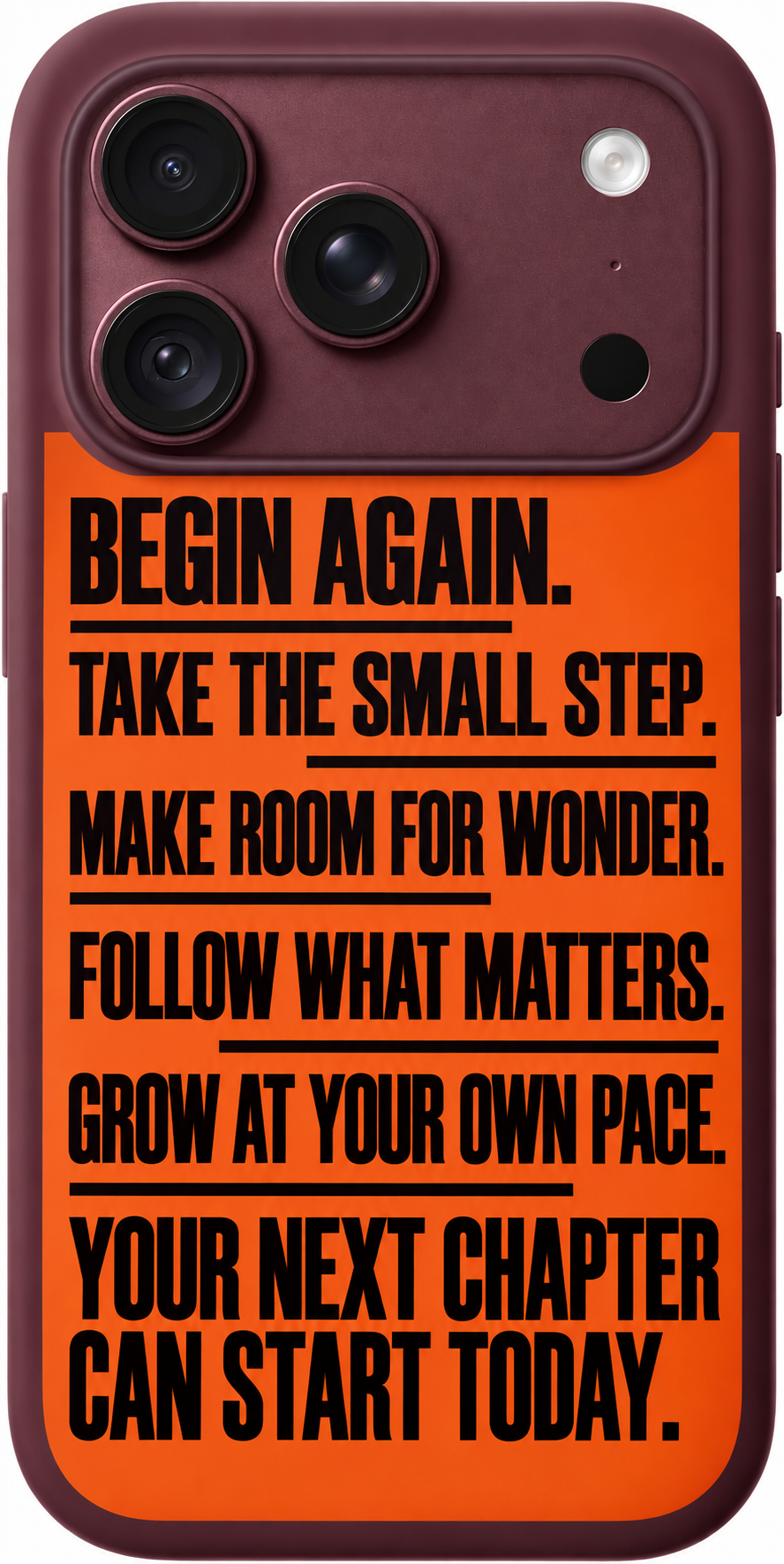 Begin Again Notes iPhone case design preview in Burgundy. Model-specific fit and camera openings vary.