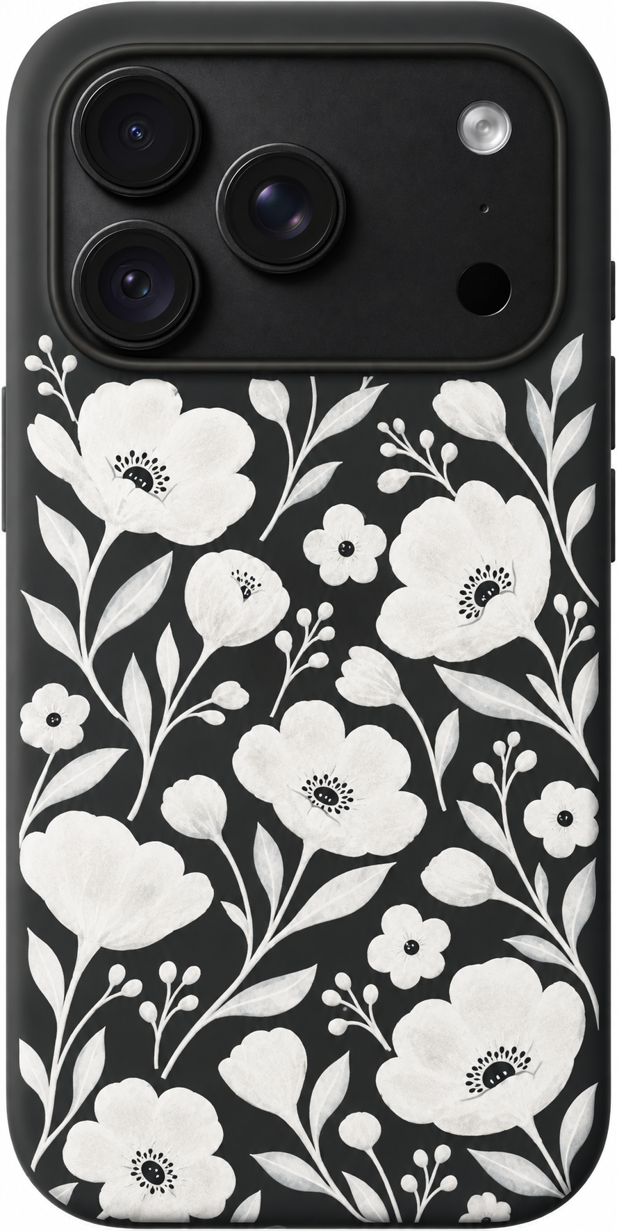 White Petal Poetry iPhone case design preview in Black. Model-specific fit and camera openings vary.