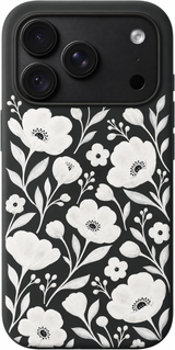 White Petal Poetry iPhone case design preview in Black. Model-specific fit and camera openings vary.