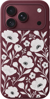 White Petal Poetry iPhone case design preview in Burgundy. Model-specific fit and camera openings vary.