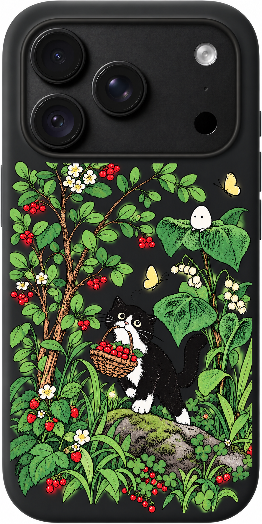 Forest Cat Forage iPhone case design preview in Black. Model-specific fit and camera openings vary.