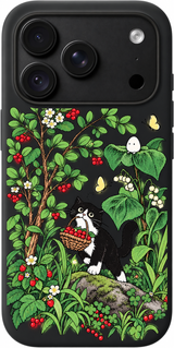 Forest Cat Forage iPhone case design preview in Black. Model-specific fit and camera openings vary.