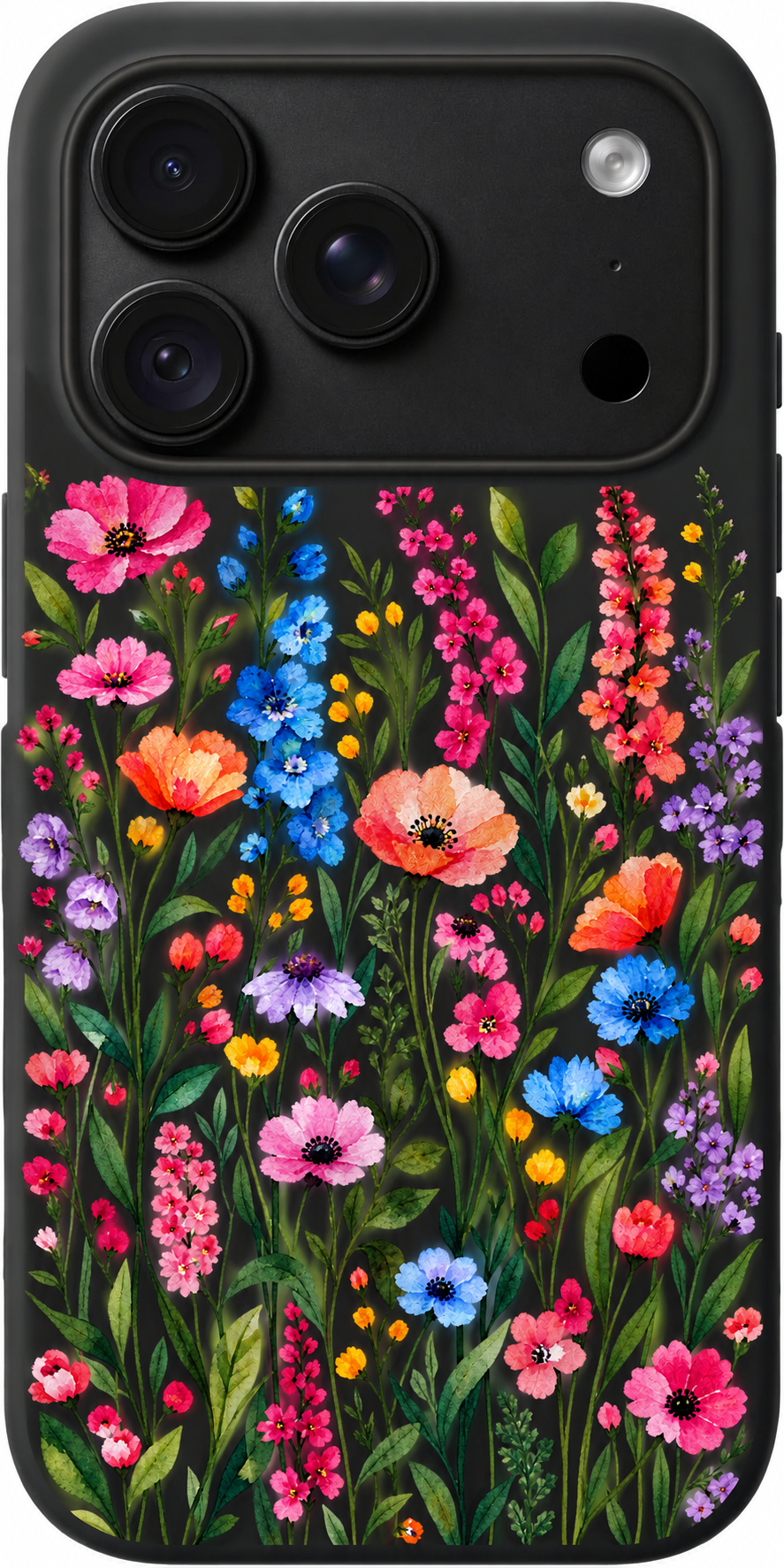 Wildflower Stem Symphony iPhone case design preview in Black. Model-specific fit and camera openings vary.