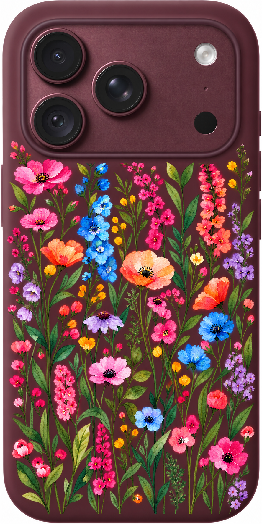 Wildflower Stem Symphony iPhone case design preview in Burgundy. Model-specific fit and camera openings vary.