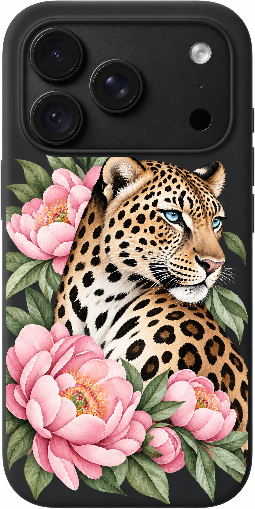 Peony Leopard Reverie iPhone case design preview in Black. Model-specific fit and camera openings vary.