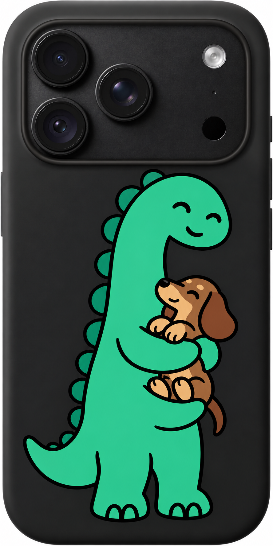 Gentle Dino Hug iPhone case design preview in Black. Model-specific fit and camera openings vary.