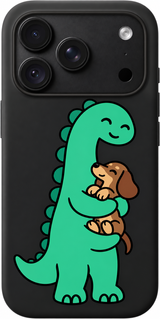 Gentle Dino Hug iPhone case design preview in Black. Model-specific fit and camera openings vary.