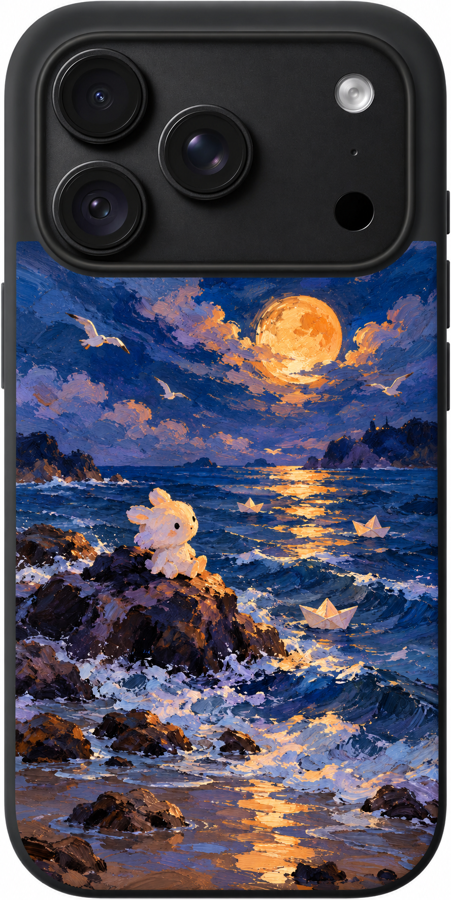 Moonlit Sea Lullaby iPhone case design preview in Black. Model-specific fit and camera openings vary.