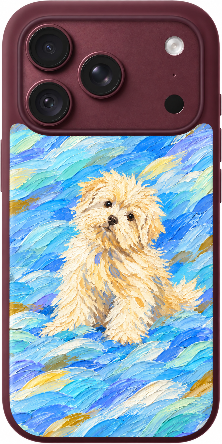 Blue Breeze Pup iPhone case design preview in Burgundy. Model-specific fit and camera openings vary.