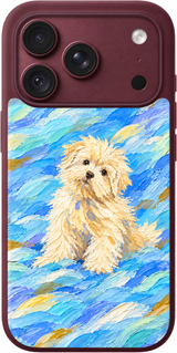 Blue Breeze Pup iPhone case design preview in Burgundy. Model-specific fit and camera openings vary.