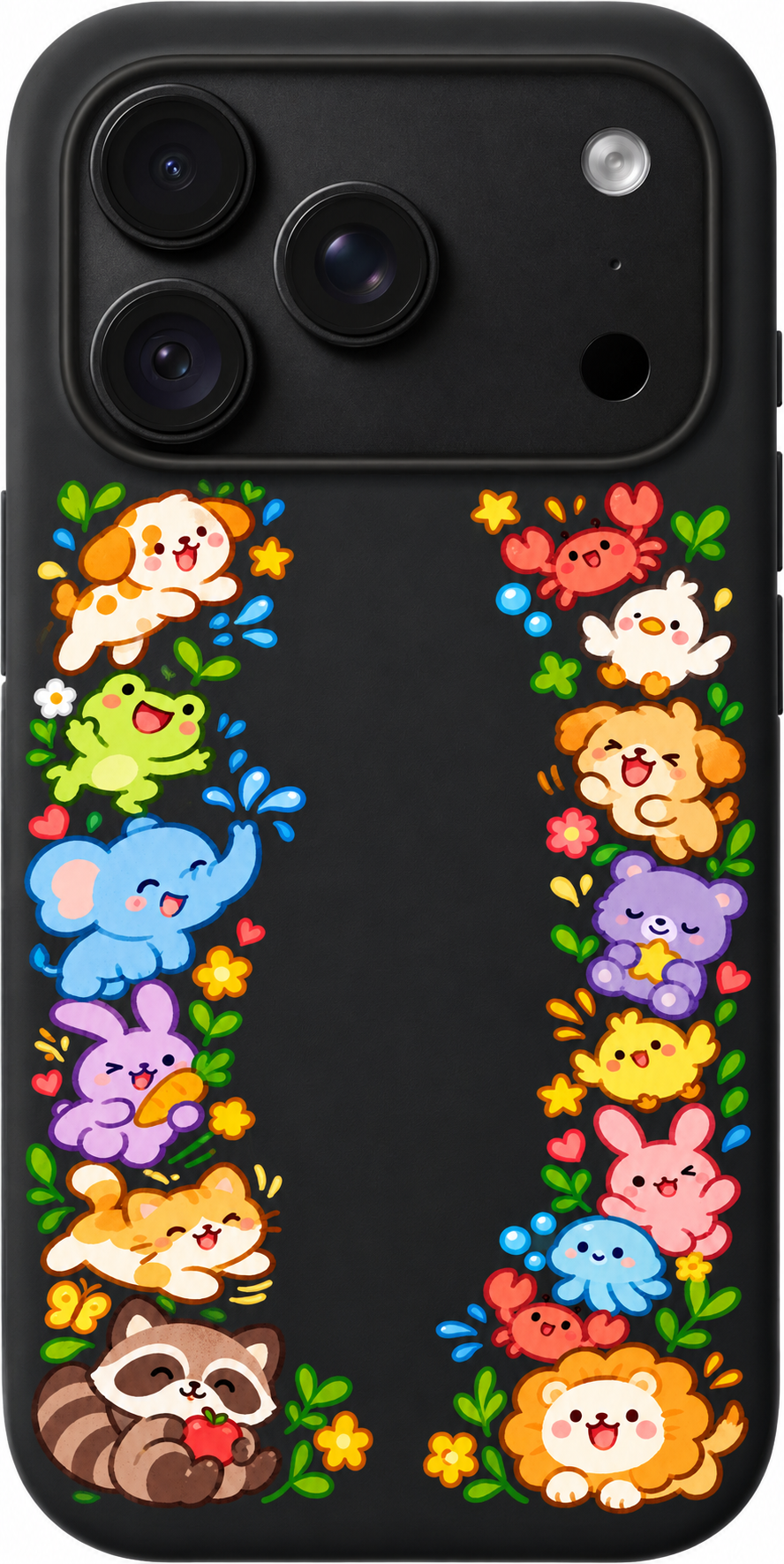 Tiny Animal Reunion iPhone case design preview in Black. Model-specific fit and camera openings vary.